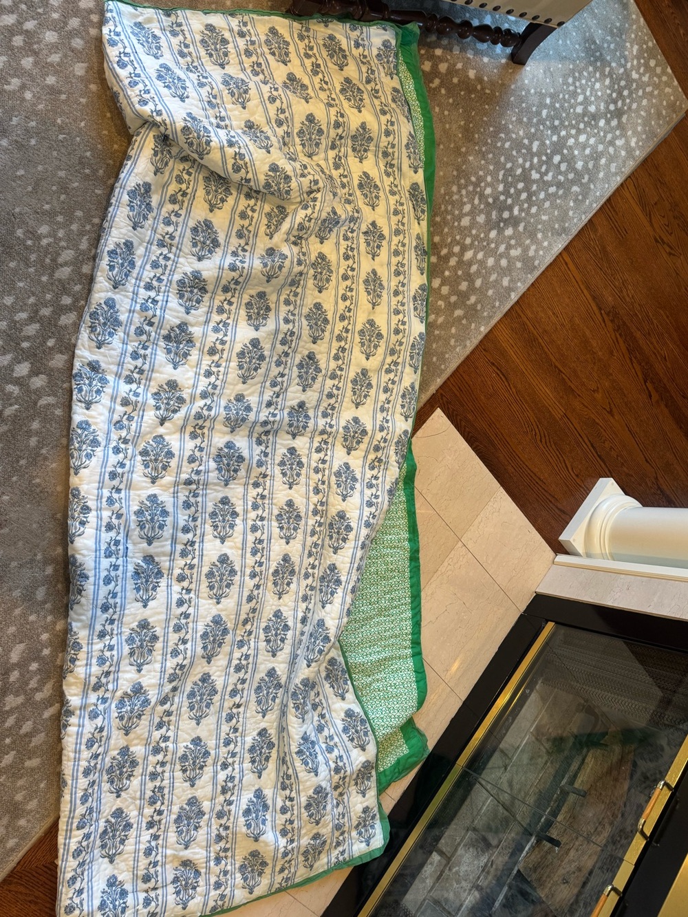 Roller Rabbit Cream and Blue Floral Quilted Throw with Green Border